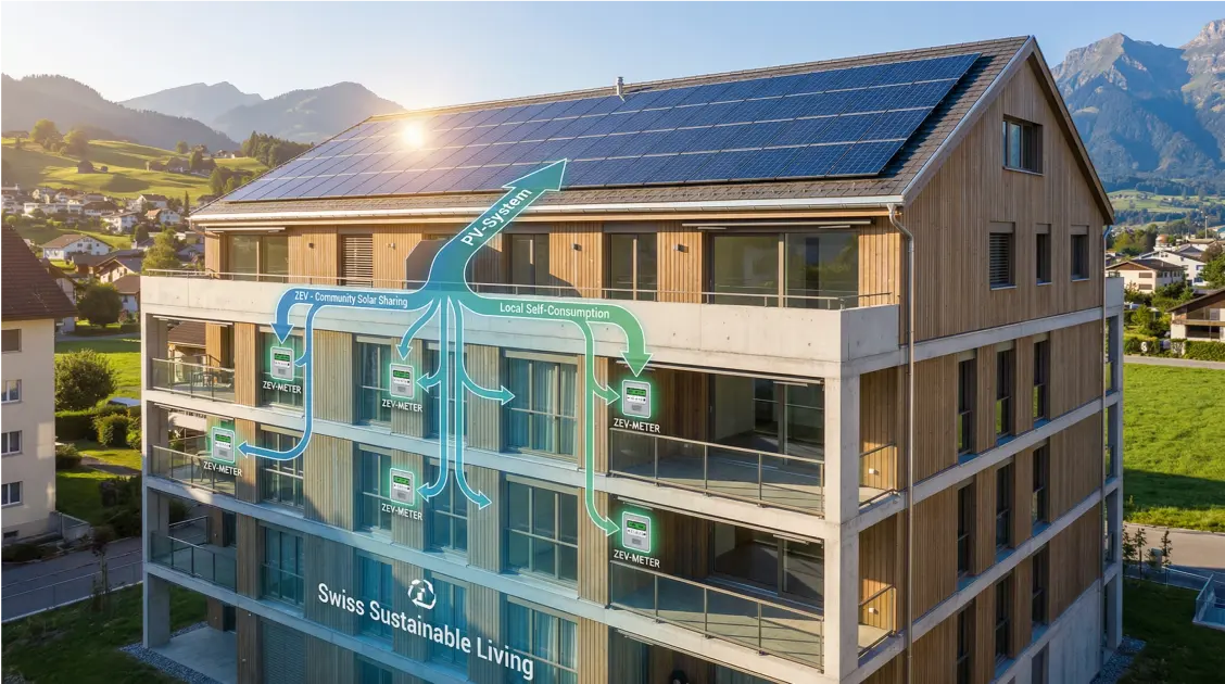 ZEV-Eigenverbrauchsgemeinschaft in der Schweiz mit Solaranlage und Energieabrechnungs-Dashboard